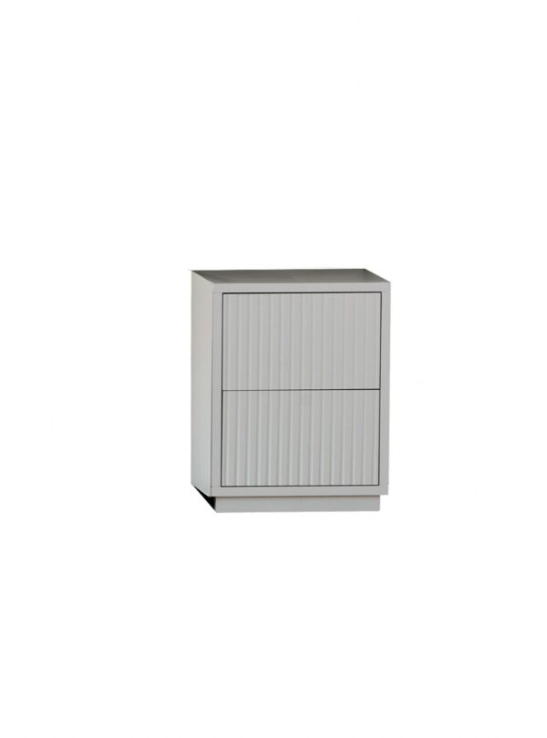 Modular Venecia con cajones. Módulo de 2 cajones con diseño acanalado, color blanco y gris claro. Cajonera funcional para dormitorio, salón o estudio, ofreciendo almacenamiento cerrado y elegante.
