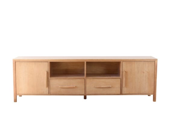 Aparador Provance grande de madera kiri con dos puertas, dos cajones y estantes abiertos, diseño práctico y elegante.