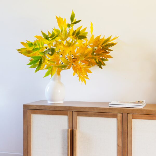 Detalle del Berna vajillero en madera kiri y rafia estilo hygge.