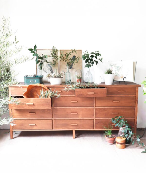 ómoda Máximo XXL de lenga con cajones abiertos, decorada con plantas y cuadros estilo natural y orgánico